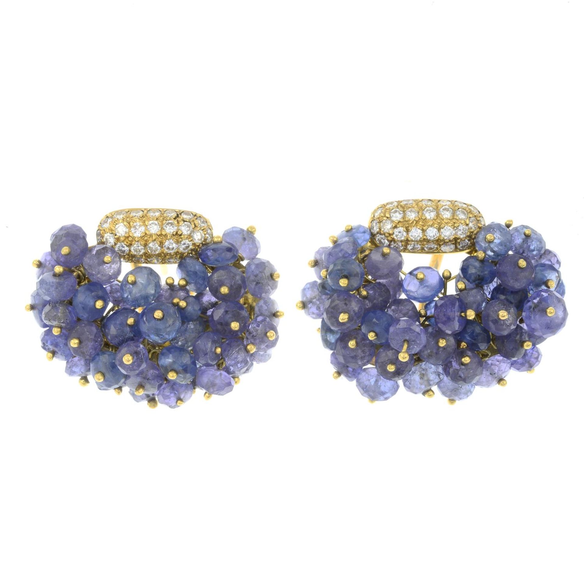 A pair of brilliant-cut diamond and sapphire bead cluster earrings.