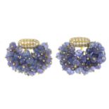 A pair of brilliant-cut diamond and sapphire bead cluster earrings.