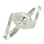 A marquise-shape diamond single-stone ring.Estimated diamond weight 2.05cts,