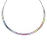 A vari-hue sapphire and single-cut diamond collar,