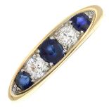 An early 20th century 18ct gold sapphire and old-cut diamond five-stone ring.Estimated total