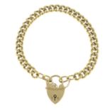 A 9ct gold curb-link bracelet, with heart-shape padlock clasp.
