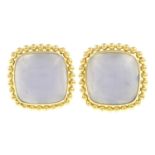 A pair of chalcedony cabochon earrings.Estimated dimensions of one chalcedony 18 by 18 by