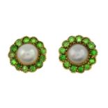 A pair of split pearl and demantoid garnet cluster earrings.Length 0.8cm.