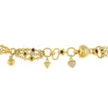 An 18ct gold diamond and gem-set charm bracelet.Gems include rubies,