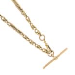 An early 20th century 9ct gold Albert chain, suspending a T-bar.Stamped 375.Length 39cms.