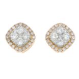 A pair of 18ct gold brilliant-cut diamond cushion-shape earrings.Total diamond weight 0.42ct,