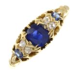 A late Victorian 18ct gold sapphire and rose-cut diamond ring.Hallmarks for Birmingham,