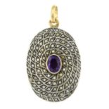 An amethyst and split pearl locket pendant.AF.With foreign marks to surmount.Length 4.3cms.