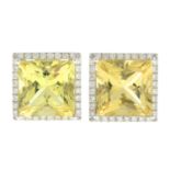 A pair of 18ct gold heliodor and brilliant-cut diamond square-shape earrings.Total heliodor weight