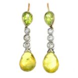 A pair of old-cut diamond and peridot drop earrings.Estimated total diamond weight 0.50ct.Length