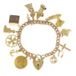 A charm bracelet, with padlock clasp, suspending thirteen variously designed charms.