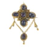 A 19th century gold cannetille foil back garnet cross pendant.May be worn as a brooch.Length