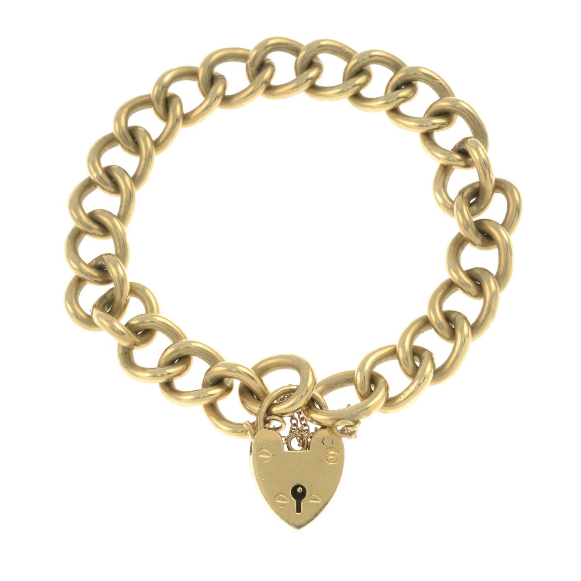 A trace-link chain, with 9ct heart-shape padlock clasp.Bracelet stamped 9ct.