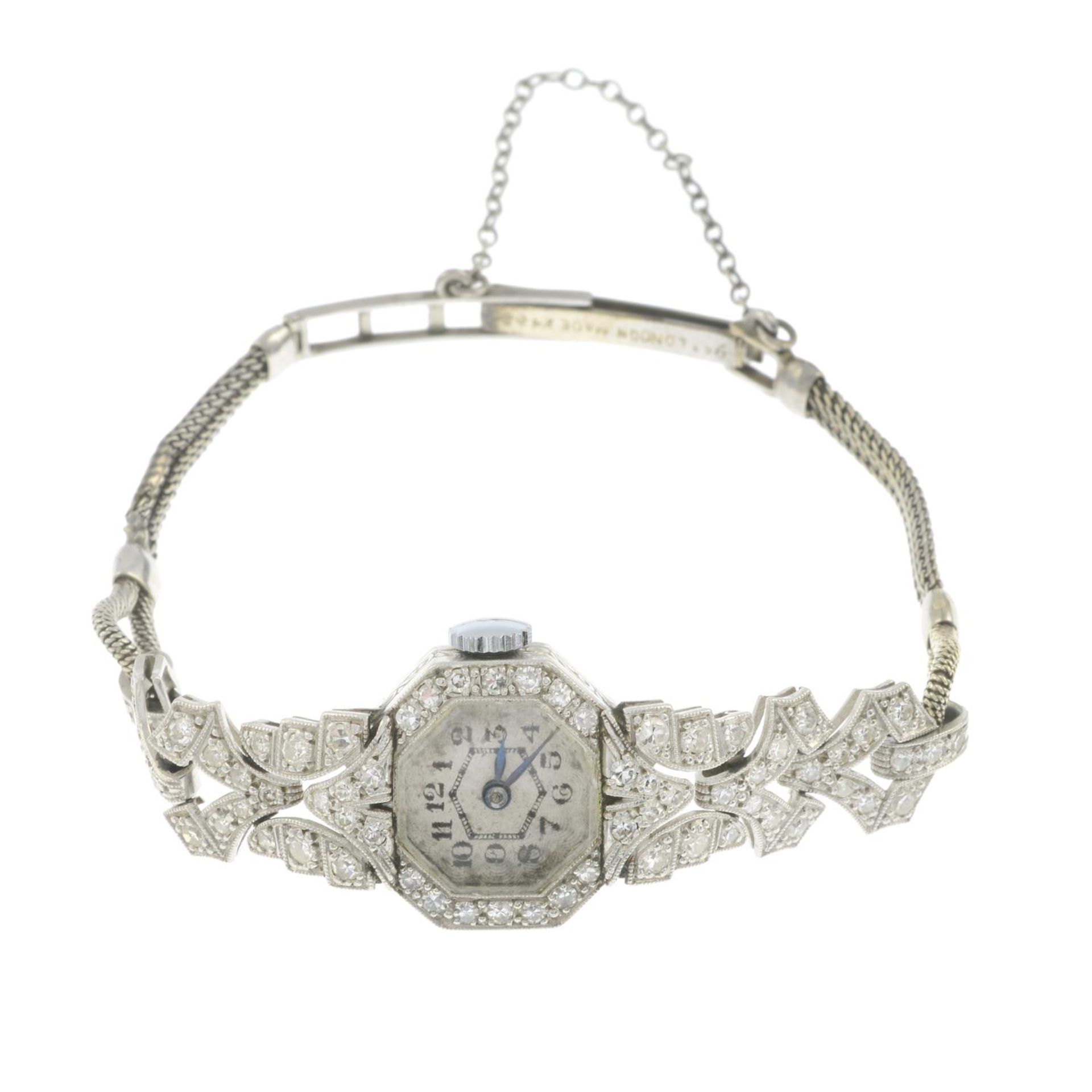 A mid 20th century platinum single-cut diamond watch.Estimated total diamond weight 0.65ct.Stamped - Image 2 of 3