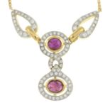 An 18ct gold ruby cabochon and brilliant-cut diamond necklace.Estimated dimensions of largest ruby