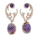 A pair of 18ct gold amethyst and brilliant-cut diamond drop earrings.Signed Sarah Ho.Total amethyst