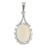 An oval opal cabochon and single-cut diamond cluster pendant.Estimated dimensions of opal 15.5 by