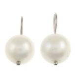 A pair of cultured pearl earrings.Approximate dimensions of one cultured pearl 14.5 by