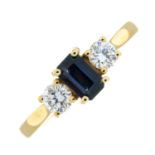 A 9ct gold sapphire and brilliant-cut diamond three-stone ring.Sapphire calculated weight 0.64ct,