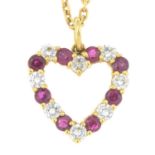 An 18ct gold ruby and brilliant-cut diamond open heart pendant,