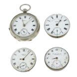 A group of four assorted pocket watches with a group of assorted watch movements.