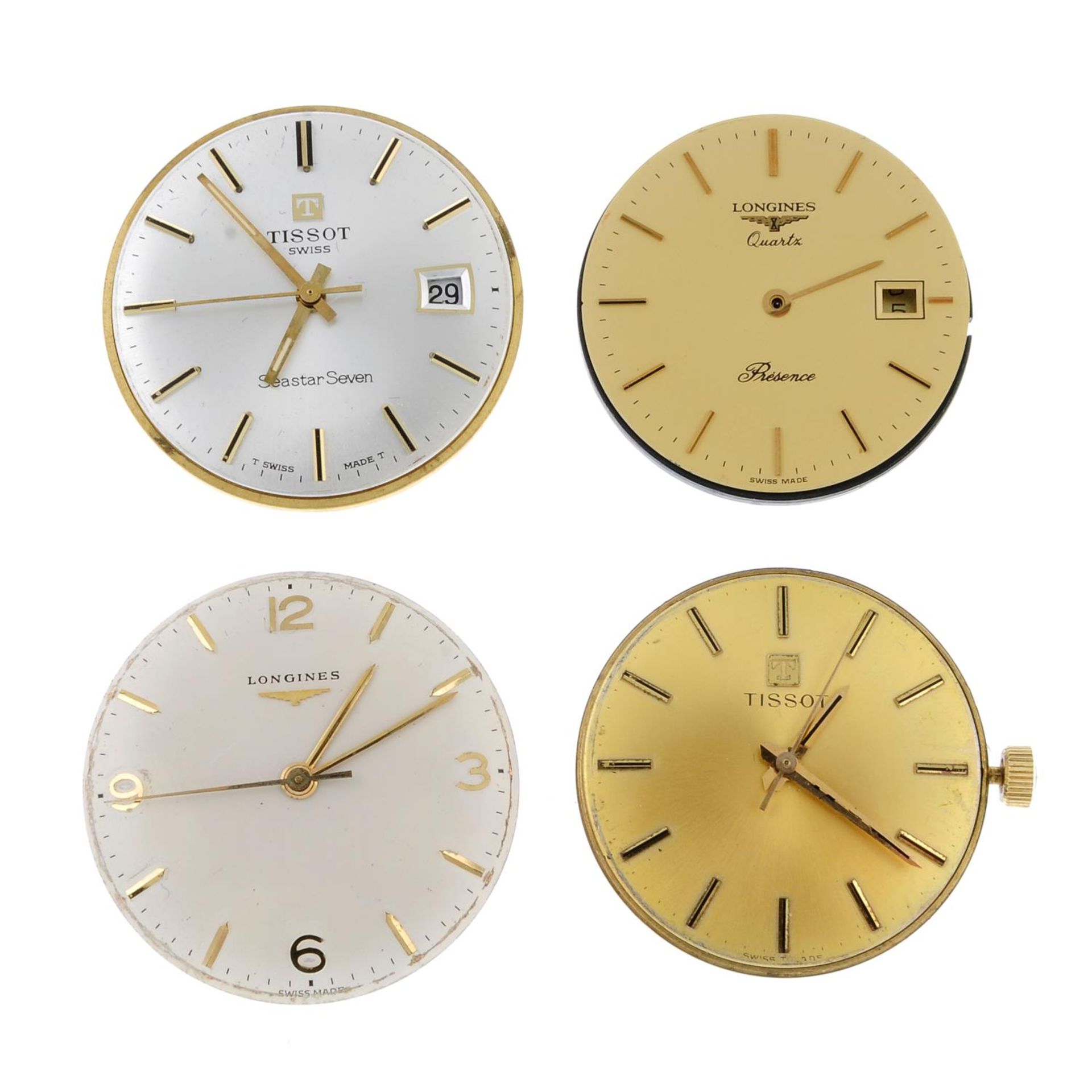 A group of nine watch movements, to include examples by Longines and Tissot.