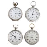 A group of four assorted silver pocket watches.