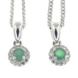 Two emerald and diamond pendants,