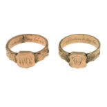 A pair of mid Victorian gold mourning rings, each with hairwork band.