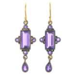 A pair of amethyst drop earrings.Length 3.8cms.