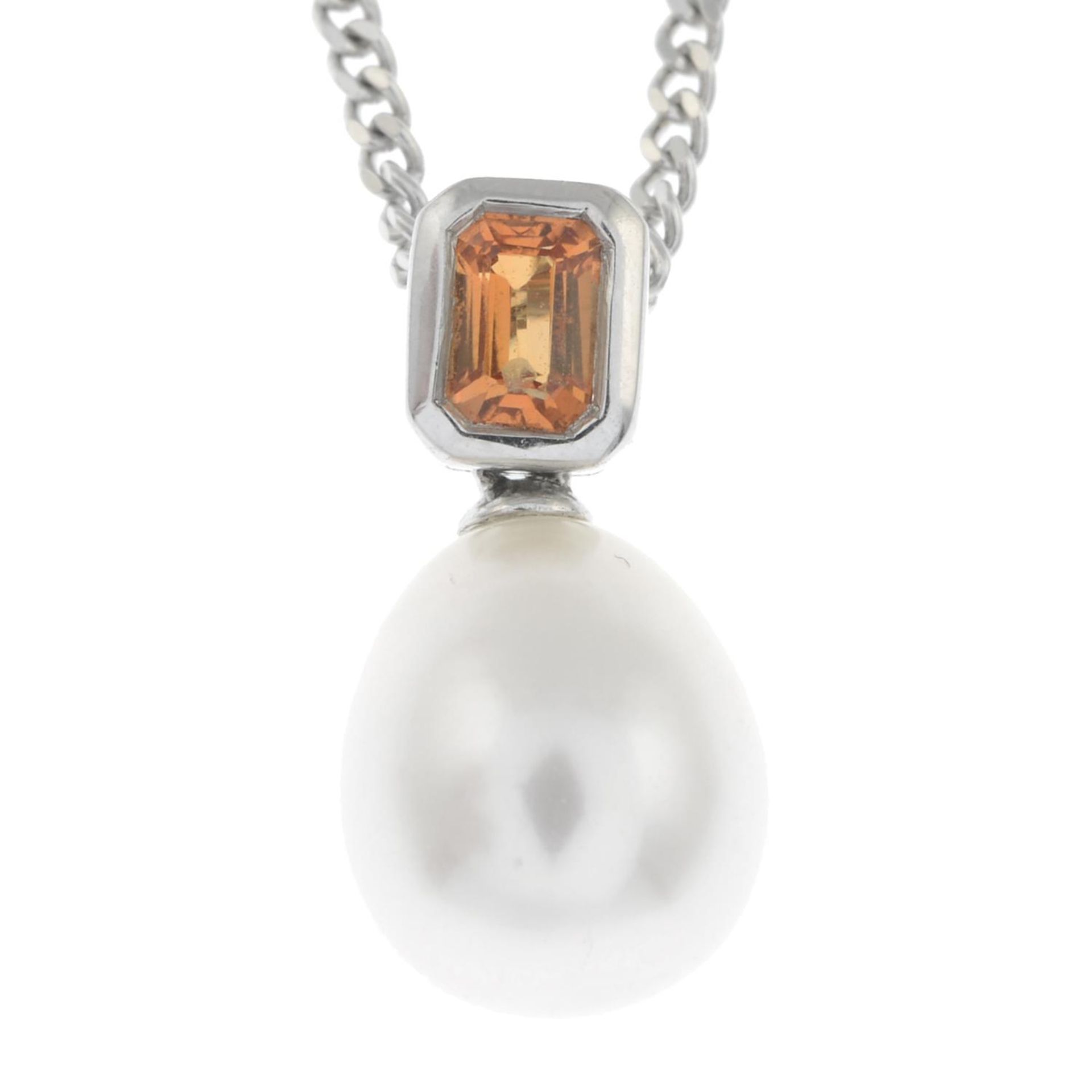 An 18ct gold orange sapphire and cultured pearl necklace, with 18ct gold chain.