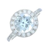 An aquamarine and brilliant-cut diamond cluster ring.Estimated total diamond weight 0.30ct.Stamped