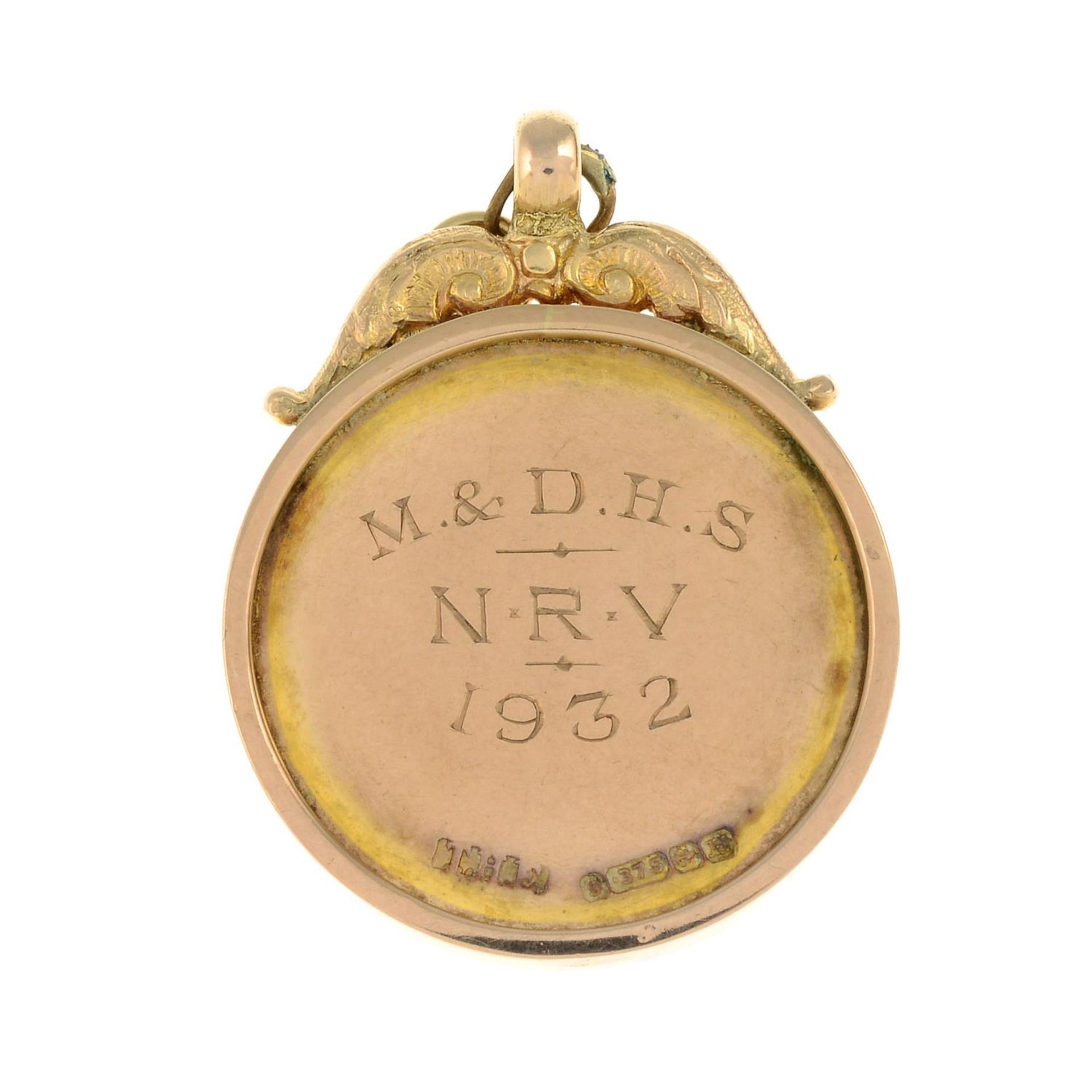 An early 20th century 9ct gold medallion.Hallmarks for Birmingham, 1932.Length 3.4cms. - Image 2 of 2