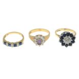 9ct gold sapphire and diamond cluster ring, hallmarks for 9ct gold, ring size O, 4.2gms.