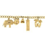 A 9ct gold charm bracelet, suspending five 9ct gold charms.Clasp deficient.