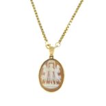 A shell cameo 'Three Graces' pendant, with 9ct gold chain.Chain with hallmarks for 9ct gold.