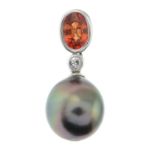 An 18ct gold orange sapphire, diamond and cultured pearl pendant.