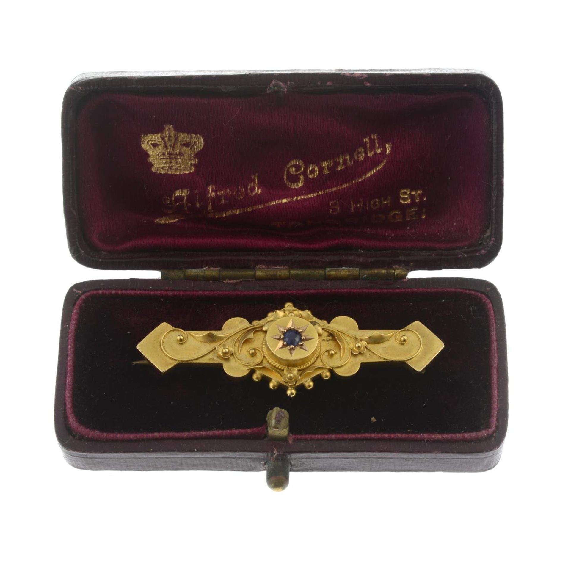 An early 20th century 15ct gold sapphire brooch.Hallmarks for Birmingham, 1910. - Image 3 of 3