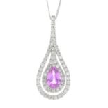 An 18ct gold pink sapphire and diamond pendant, with chain.Estimated total diamond weight 0.25ct.
