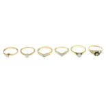 9ct gold diamond chevron ring, hallmarks for 9ct gold, ring size M1/2, 1.5gms.