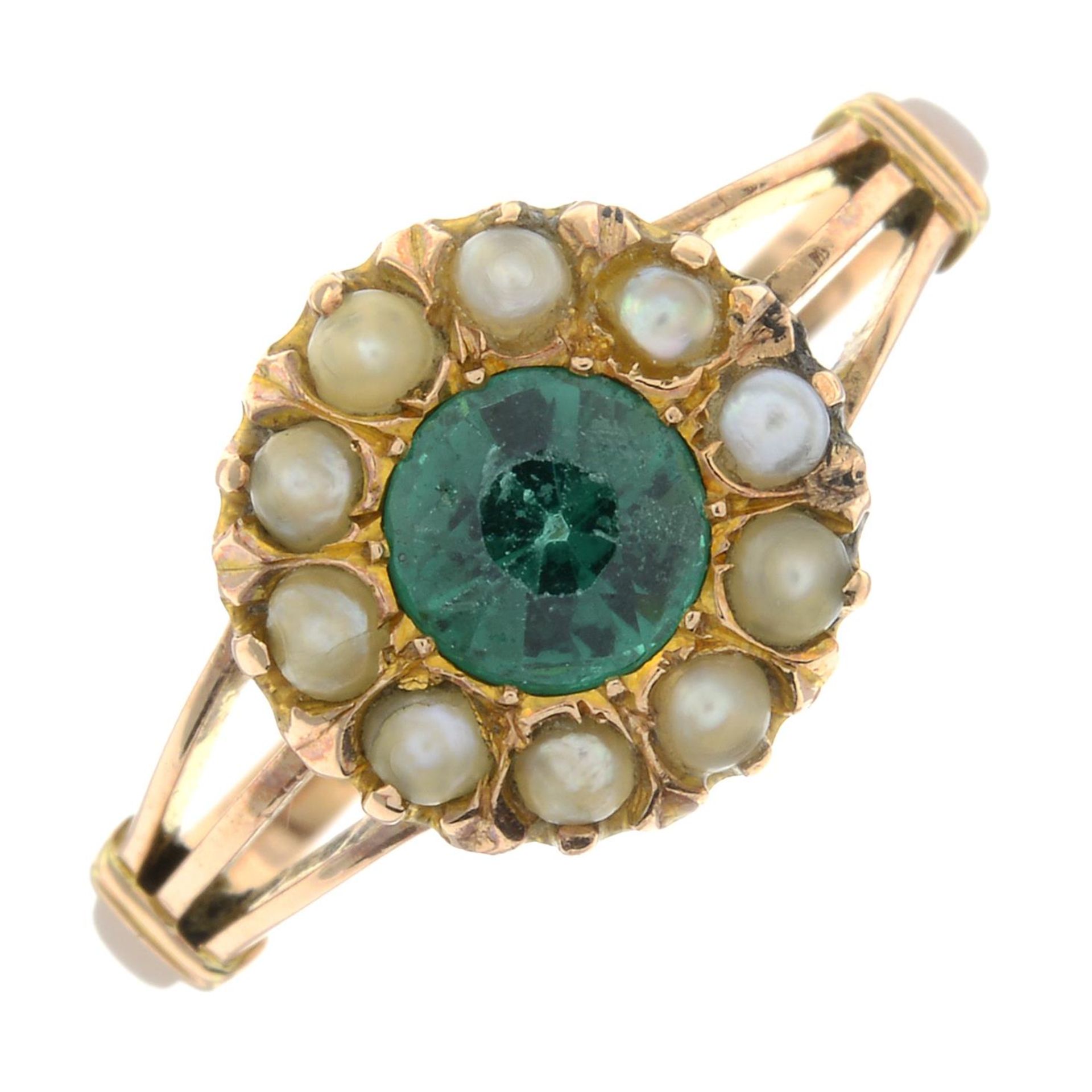 A split pearl and composite green gem cluster ring, with band replacement.