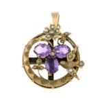 A late 19th century gold amethyst and split pearl pendant,