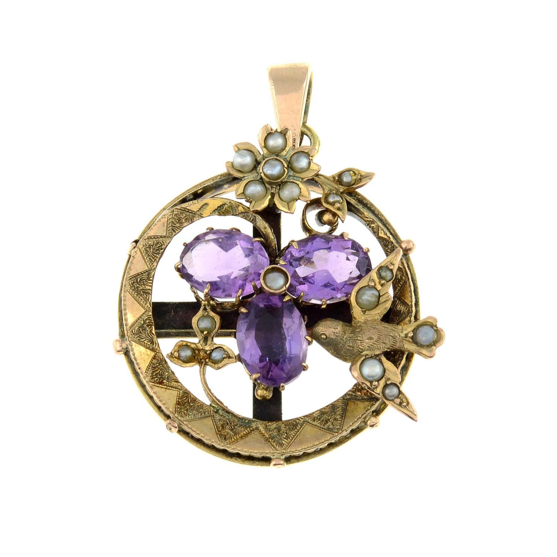 A late 19th century gold amethyst and split pearl pendant,