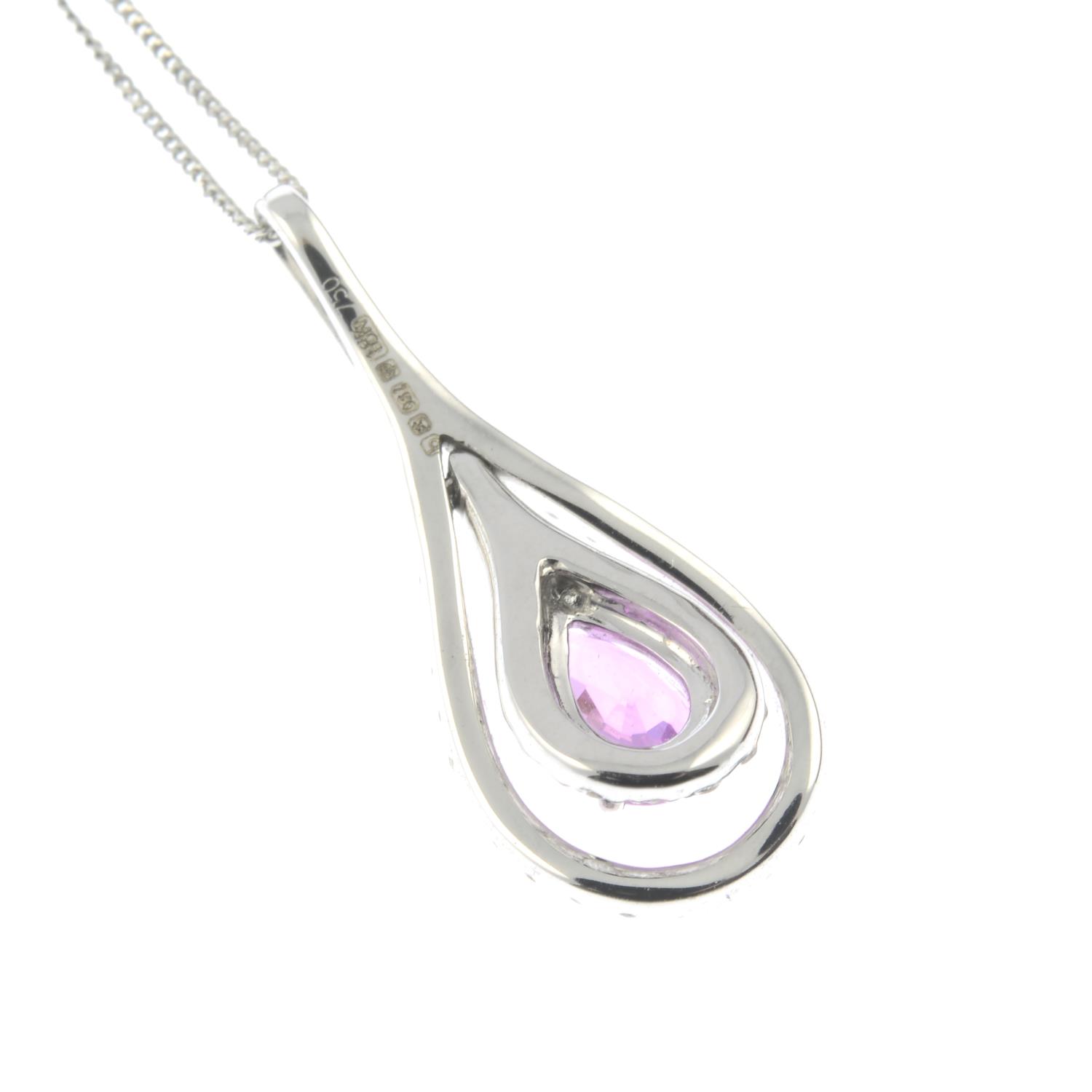 An 18ct gold pink sapphire and diamond pendant, with chain.Estimated total diamond weight 0.25ct. - Image 2 of 2