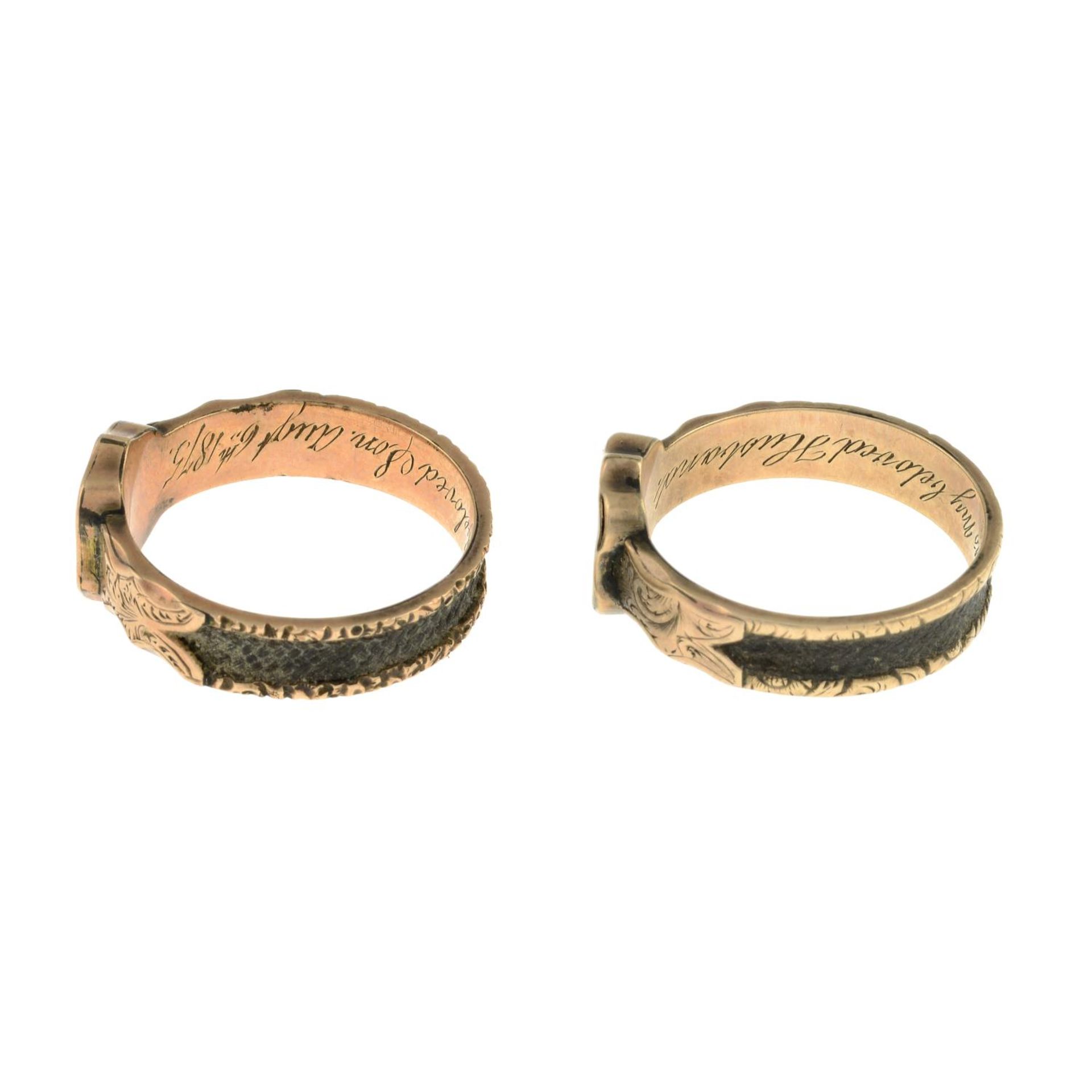 A pair of mid Victorian gold mourning rings, each with hairwork band. - Image 2 of 3