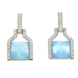 A pair of blue topaz, diamond and mother-of-pearl earrings.Estimated total diamond weight 0.25ct.