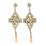 A pair of split pearl and coral geometric drop earrings.Stamped 9CT.