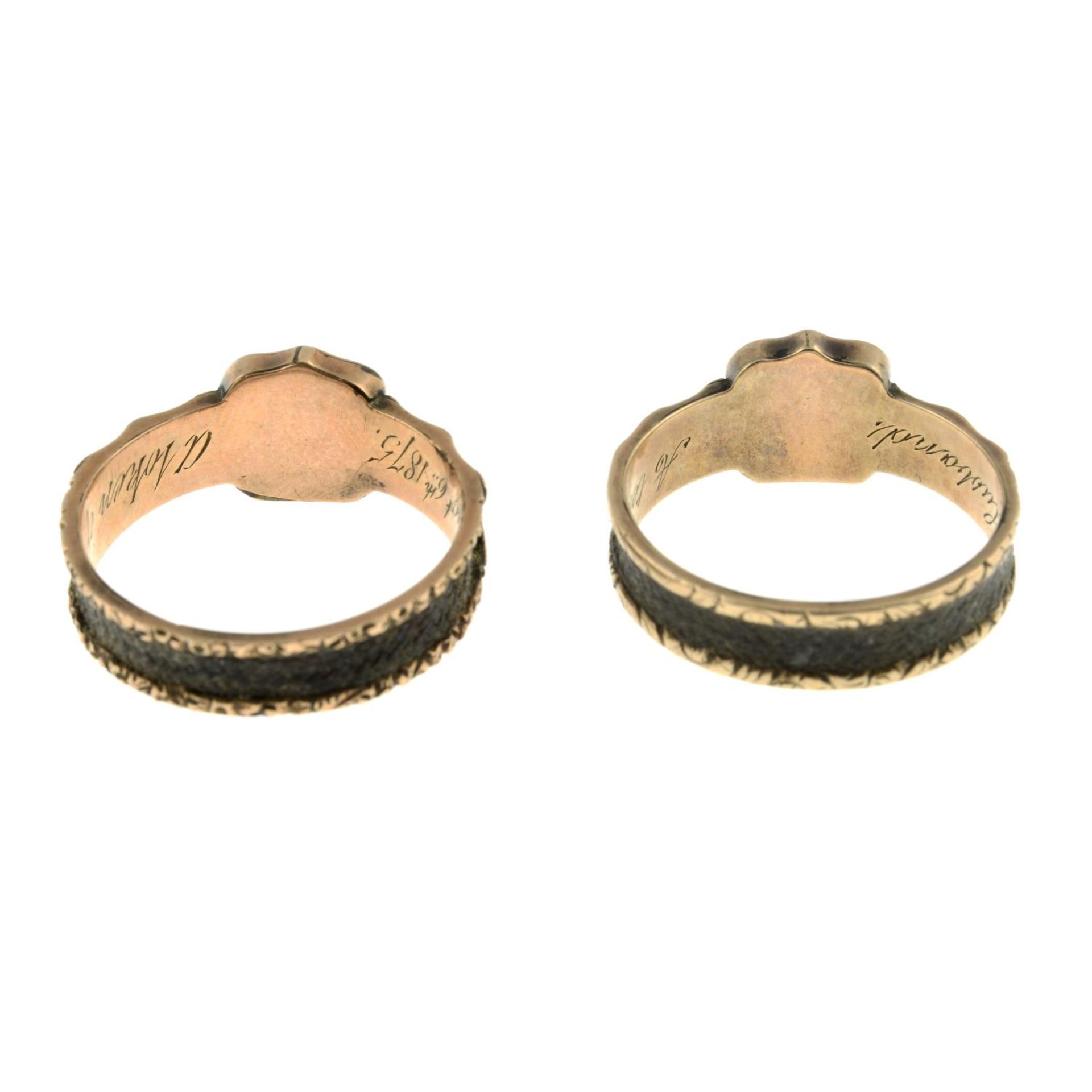 A pair of mid Victorian gold mourning rings, each with hairwork band. - Image 3 of 3