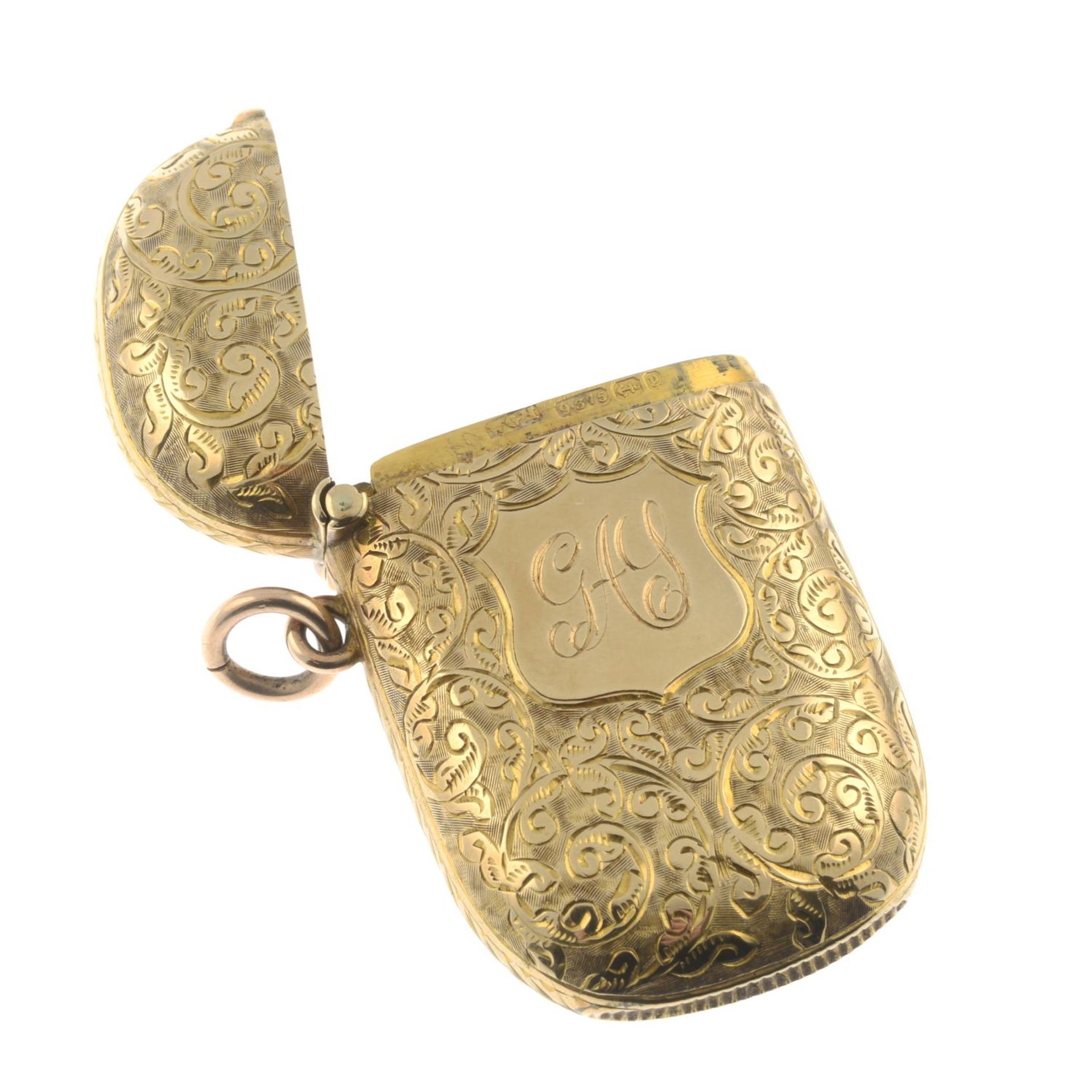 A late Victorian 9ct gold foliate and monogram engraved vesta case.Hallmarks for Birmingham, - Image 3 of 3